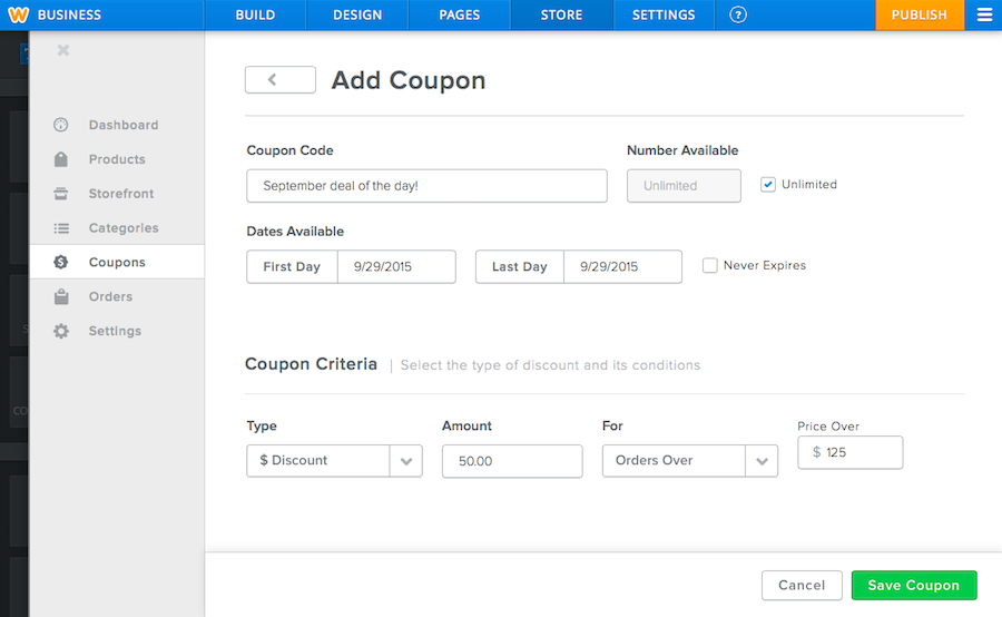Coupon builder in Weebly editor