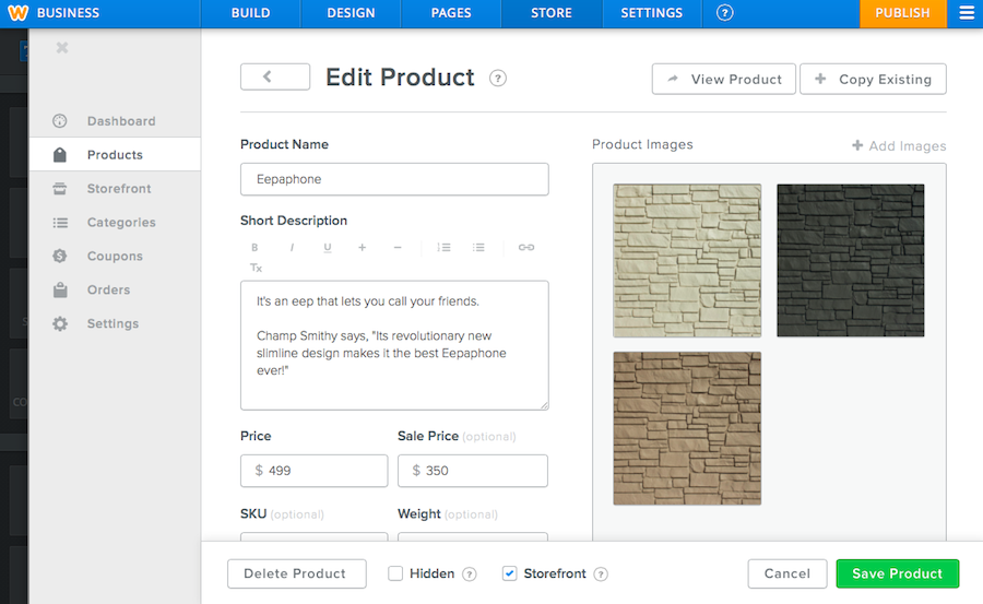Edit Product Screen in Weebly Store