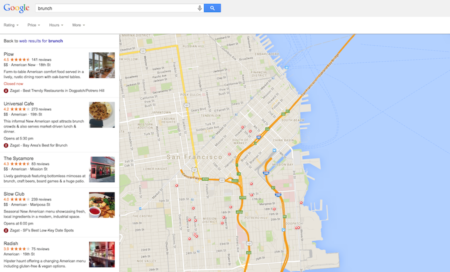 Google Local Results for Brunch in San Francisco